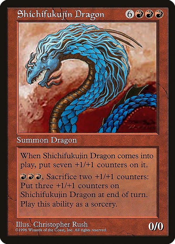 Shichifukujin Dragon, a one-of-a-kind Magic: The Gathering card made by Wizards of the Coast to celebrate the opening of the DCI Tournament Center in Tokyo, Japan.