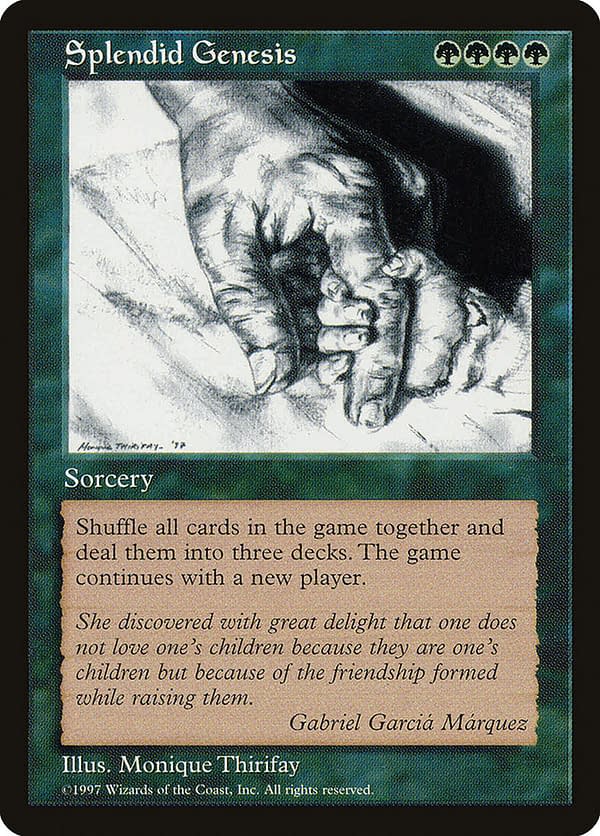 Splendid Genesis, a card from Magic: The Gathering that was created to celebrate the birth of creator Richard Garfield's first child, Terry Garfield.