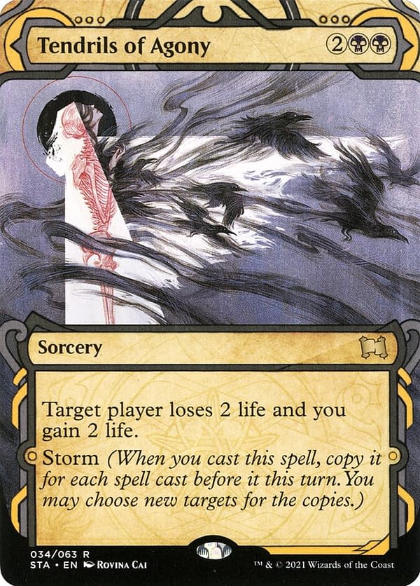 Tendrils of Agony, a card originally from Scourge, an expansion set from Magic: The Gathering. Seen here in its Strixhaven Mystical Archive iteration.
