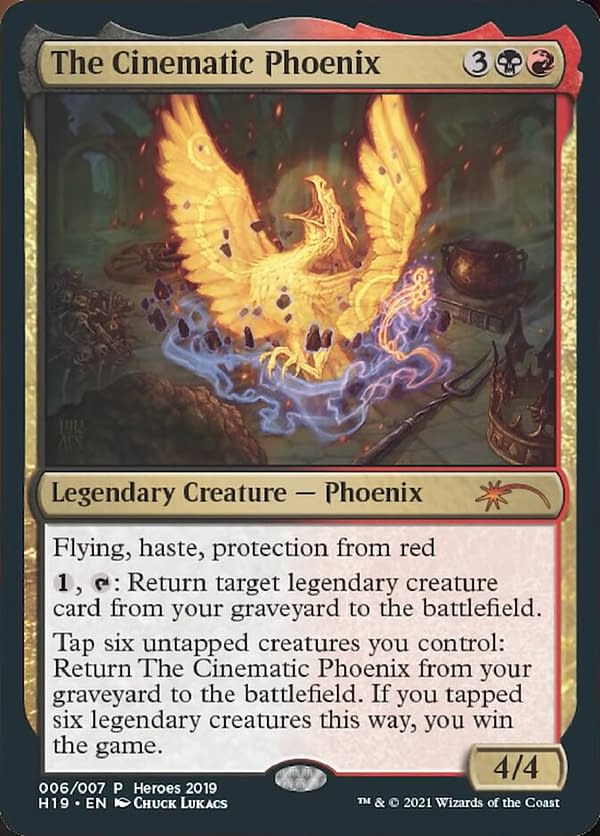 The Cinematic Phoenix, a 2019 Heroes of the Realm card from Magic: The Gathering awarded to the Wizards of the Coast employees in the Cinematics team.