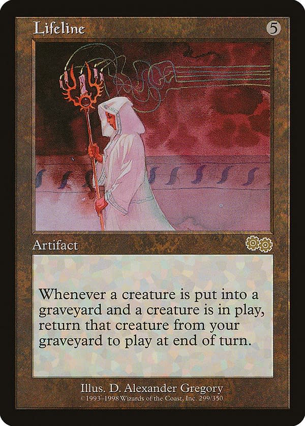 Lifeline, a scarce and valuable artifact card from Urza's Saga, an older Magic: The Gathering set.