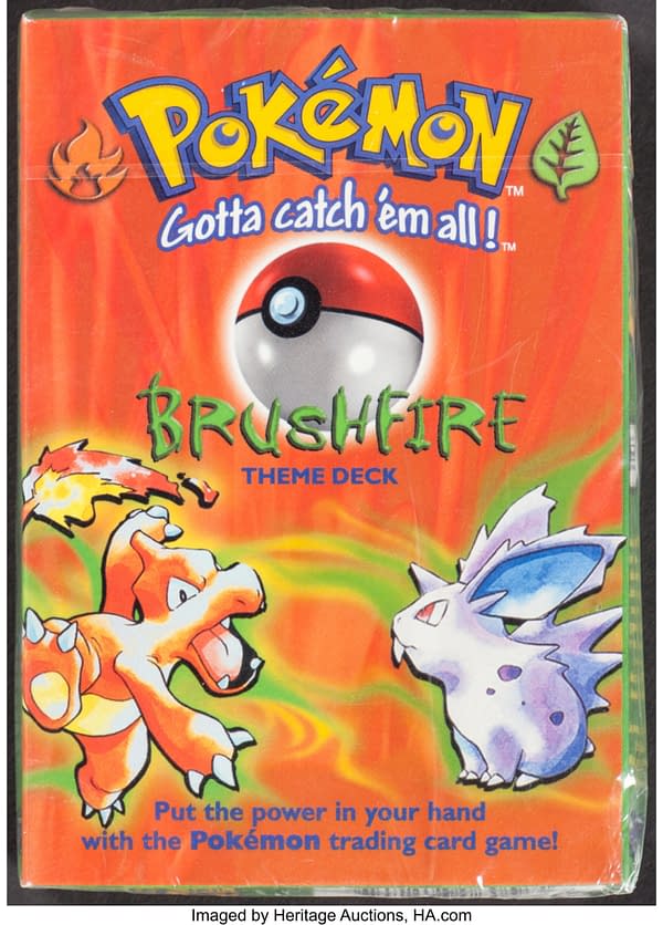 The front face of the sealed box for the Brushfire theme deck from the Base Set of the Pokémon TCG. Currently available at auction on Heritage Auctions' website.