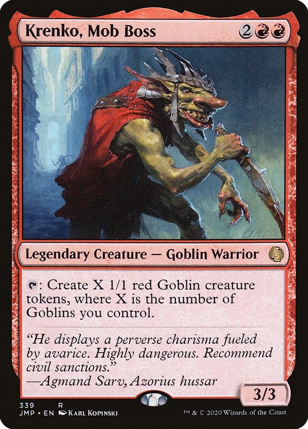 Krenko Mob Boss, a legendary creature card originally printed in Magic 2013, a core set for Magic: The Gathering (shown here in its Jumpstart printing).