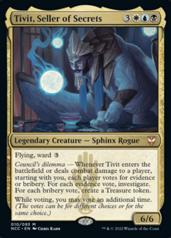Tivit, Seller of Secrets, a legendary creature card from the Commander release associated with Streets of New Capenna, the latest Magic: The Gathering expansion set.