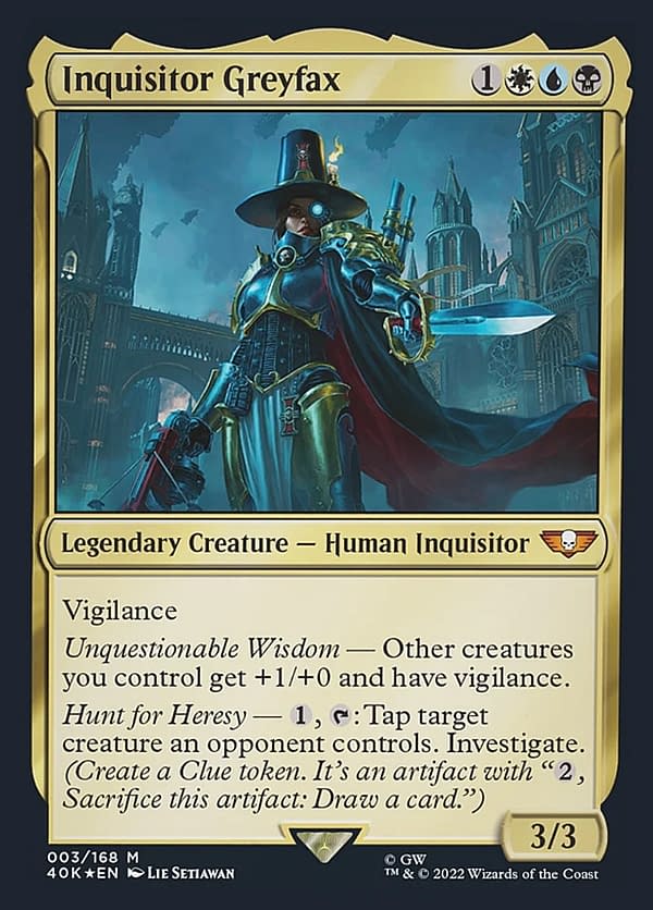Inquisitor Greyfax, a new card from the Warhammer 40,000 Commander decks for Magic: The Gathering.