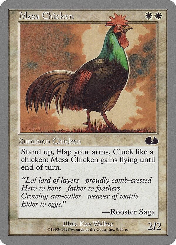 Mesa Chicken, a card from Unglued, a silver-bordered expansion set for Magic: The Gathering.