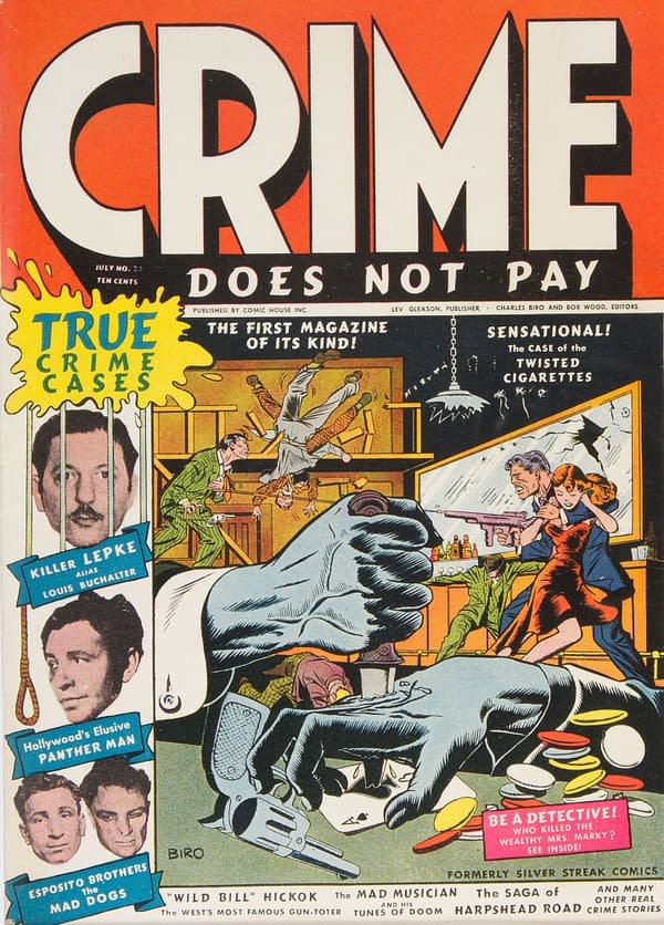 A colorful comic book cover titled 'Crime Does Not Pay,' featuring illustrations of various crime scenes and characters. Key elements include a large hand holding a gun, images of notorious criminals, and a bold title highlighting true crime cases.