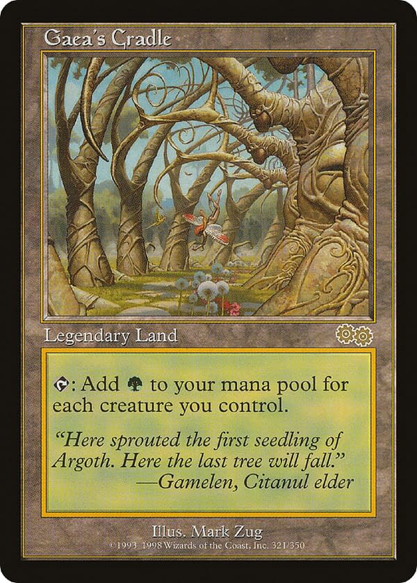 Gaea's Cradle, a Magic: The Gathering card that can easily fetch over $1000.00 USD in the secondary market for its original printing. This card, if genuine, is apt to be covered by eBay's Authenticity Guarantee for trading cards.