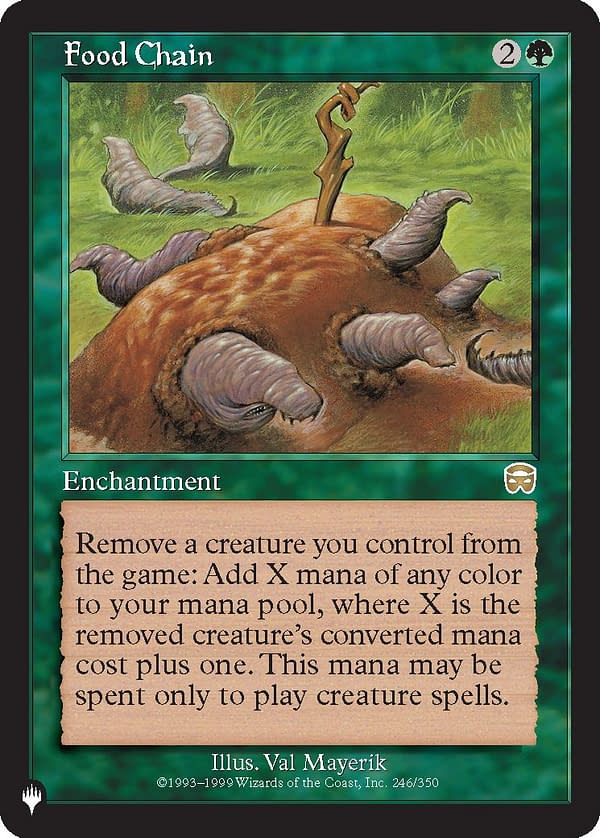 Food Chain, a newly-revealed reprinted card from "The List", to be inserted randomly in Set Boosters of Zendikar Rising, the next upcoming set for Magic: The Gathering.