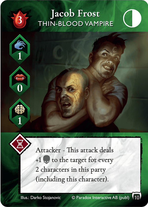 The alternate-art version of Jacob Frost, a Thin-Blood vampire Leader card from Vampire: The Masquerade Rivals' first expansion set, Blood & Alchemy. Source: Renegade Game Studios