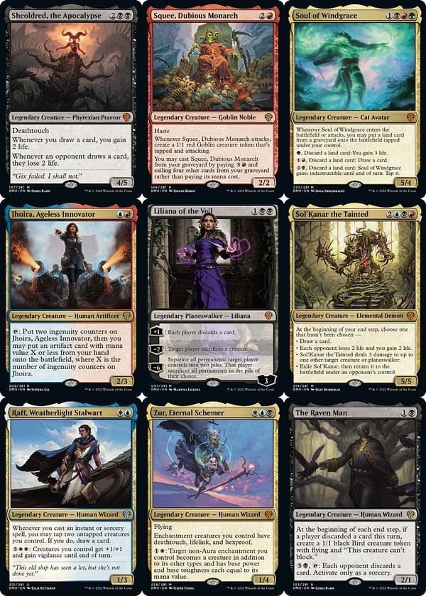 Many of the legendary creature cards from Dominaria United, a new set for Magic: The Gathering.