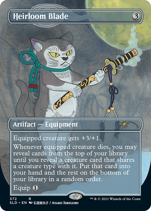 Heirloom Blade, a card from Magic: The Gathering, reprinted in Secret Lair: Purrfection for Hasbro's PulseCon 2021 event.