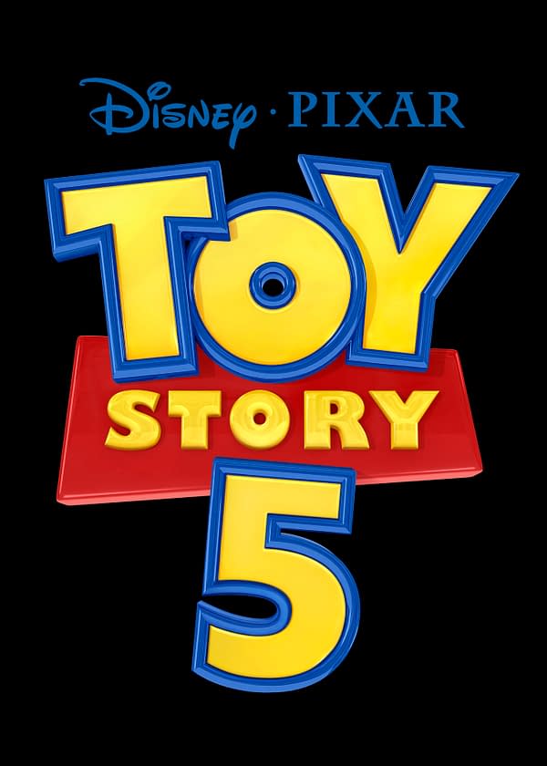 Logo for 'Toy Story 5' featuring bright yellow and blue letters against a red background, with 'Disney' and 'Pixar' above. This graphic represents the popular animated film series.