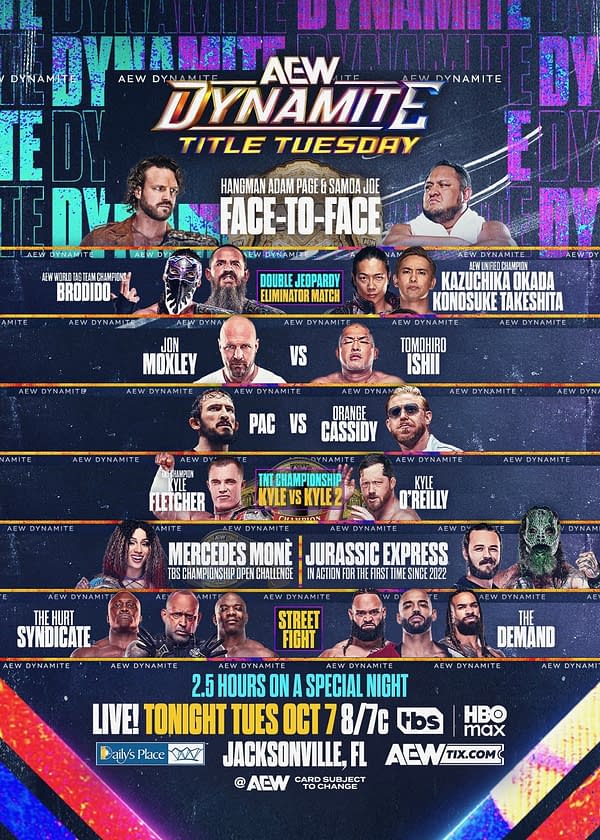 A colorful promotional poster for AEW Dynamite: Title Tuesday, featuring matchups and wrestlers like Hangman Adam Page, Samoa Joe, Jon Moxley, and others. The event details highlight that it will take place live on October 7 in Jacksonville, FL.