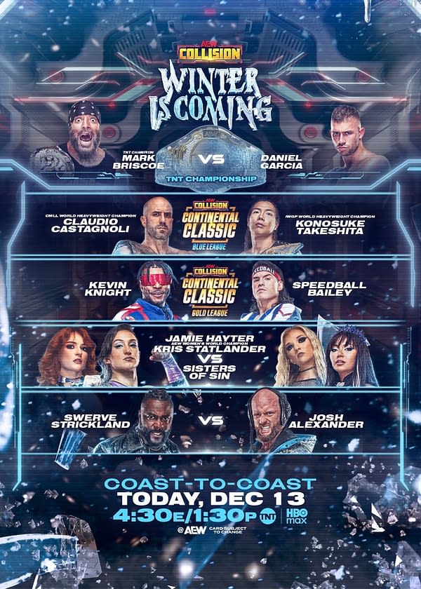 A promotional graphic for AEW Collision, titled "Winter is Coming," featuring matchups like Mark Briscoe vs. Daniel Garcia and Claudio Castagnoli vs. Konosuke Takeshita, all highlighted against a futuristic backdrop.