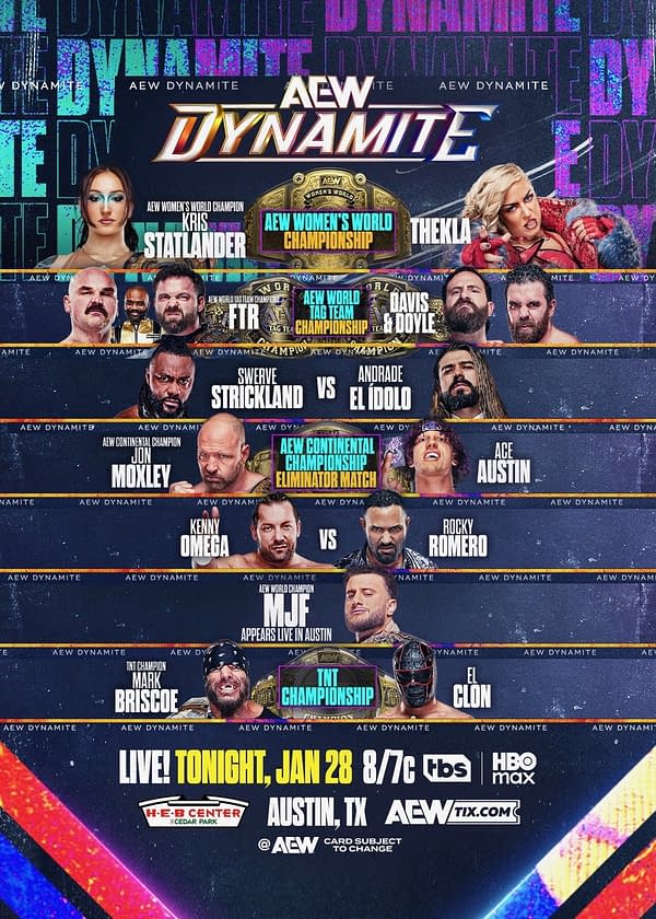 Promotional graphic for AEW Dynamite featuring various wrestlers and championship matches, including Kris Statlander, Jon Moxley, and Kenny Omega. It highlights the event's date and location.
