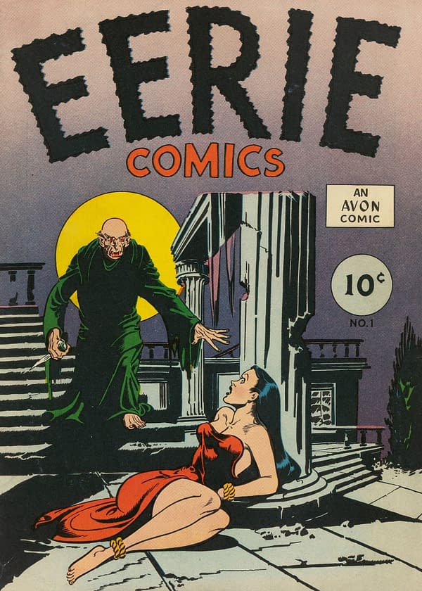 The cover of 'Eerie Comics #1' featuring a sinister figure in a green robe holding a knife, approaching a woman in a revealing red dress. The background includes a stylized moon and gothic architecture, enhancing the eerie atmosphere.