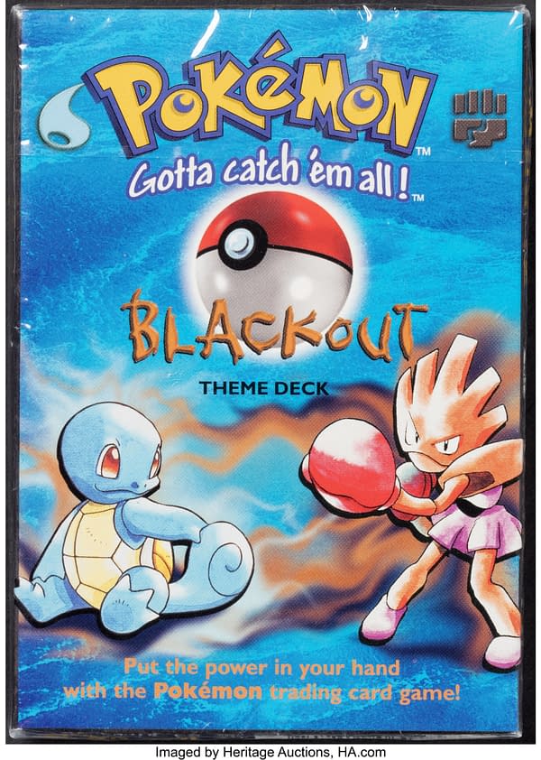 The front face of the sealed box containing the "Blackout" preconstructed deck from the Pokémon TCG. This deck prominently features the artwork of both Squirtle and Hitmonchan, illustrated by Ken Sugimori. Currently available at auction on Heritage Auctions' website.