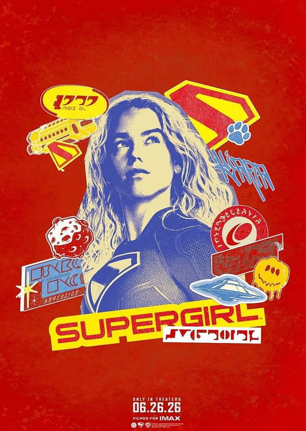 An illustration featuring Supergirl, depicted in a blue and yellow color scheme against a red background, with various playful graphics and icons surrounding her. The word 'SUPERGIRL' is prominently displayed in bold letters, promoting the upcoming film releasing in theaters on June 26, 2026.