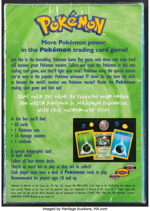 The back face of the sealed box containing the Overgrowth preconstructed deck from the Pokémon TCG. Currently available at auction on Heritage Auctions' website.