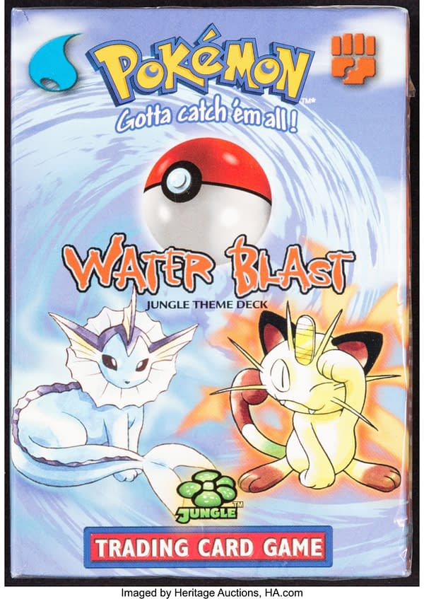 The front face of the sealed box for the Water Blast theme deck from the Pokémon TCG's Jungle expansion set. Currently available at auction on Heritage Auctions' website.