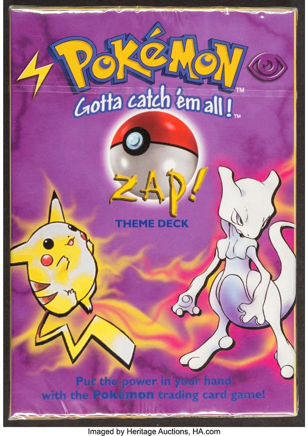 The front of the box for the Pokémon TCG's preconstructed Zap! deck, featuring artwork depicting Mewtwo and Pikachu, both illustrated by Ken Sugimori. Currently available at auction on Heritage Auctions' website.