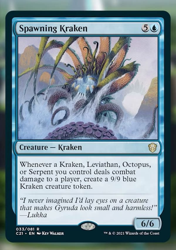 Spawning Kraken, a new creature card from Magic: The Gathering's Commander 2021 release. Image attributed to MTGGoldfish.