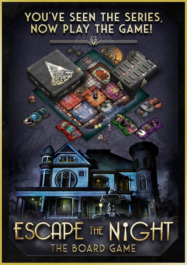 Promotional material from the Escape The Night tabletop game by Studio71 Games, featuring both an array of the game's components and some key art for the game.