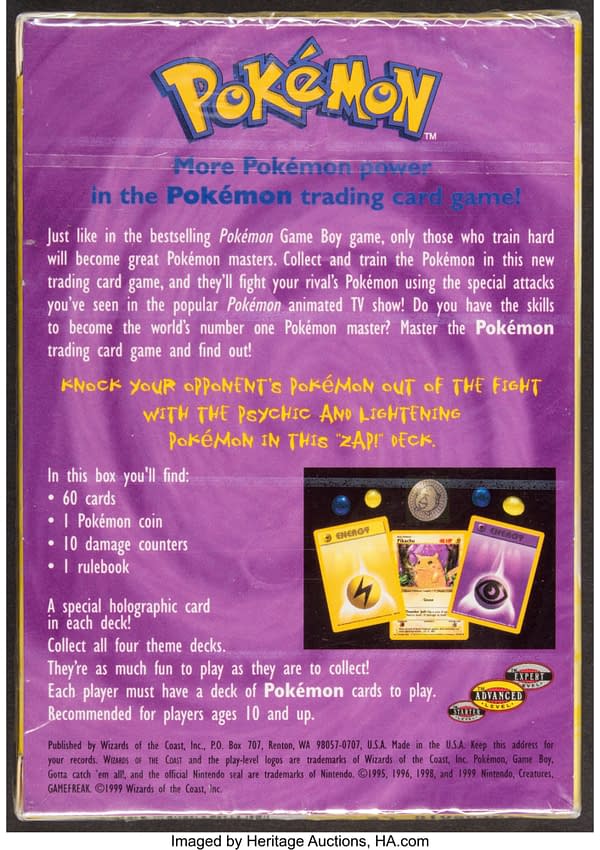 The back face of the box for Zap!, a preconstructed Pokémon TCG deck from 1999 that features Psychic and Electric Pokémon cards. Currently available at auction on Heritage Auctions' website.