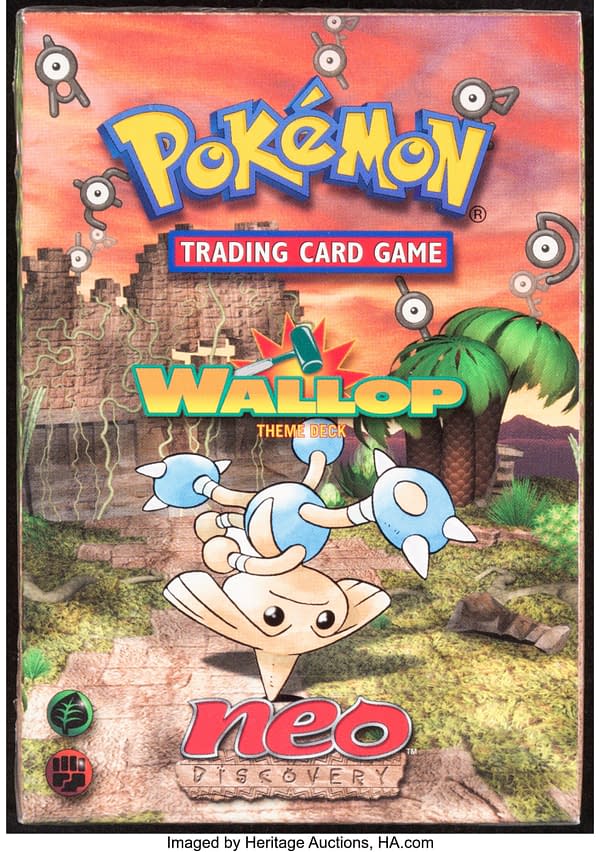 The front face of the sealed box for the Wallop theme deck, from the Pokémon TCG's Neo Discovery expansion set. Currently available at auction on Heritage Auctions' website.