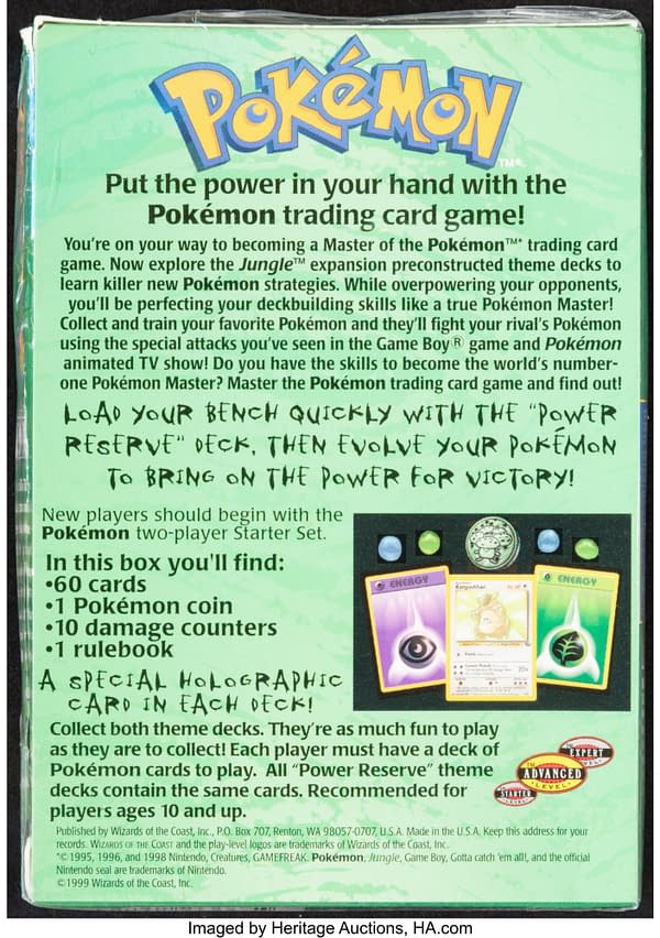 The back face of the sealed box for the Power Reserve theme deck from the Pokémon TCG's Jungle expansion set. Currently available at auction on Heritage Auctions' website.