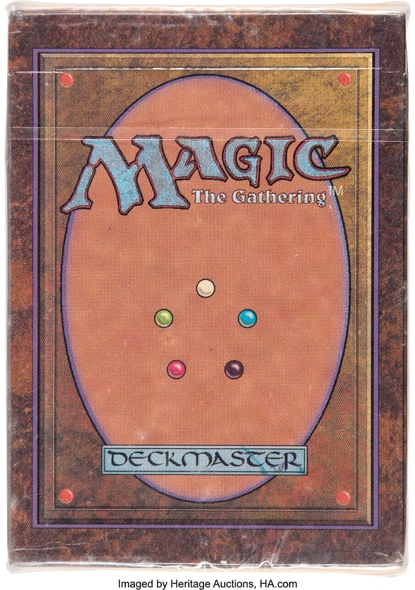 The front of the sealed box for the Alpha starter deck from Magic: The Gathering. Currently available on auction at Heritage Auctions.