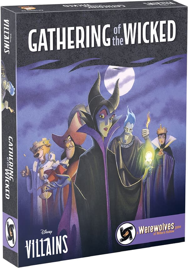 The front of the box for Gathering of the Wicked, a social deduction party game by Asmodee Group, featuring various villains from Disney's many films.