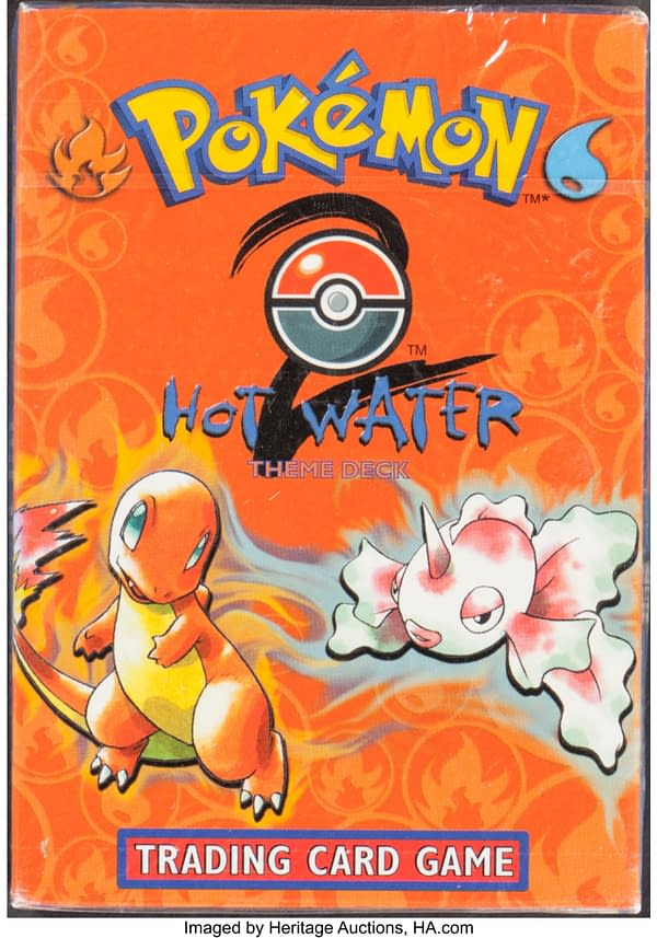 The front face of the sealed box containing a copy of the Hot Water theme deck from Base Set 2, a set for the Pokémon TCG. Currently available at auction on Heritage Auctions' website.