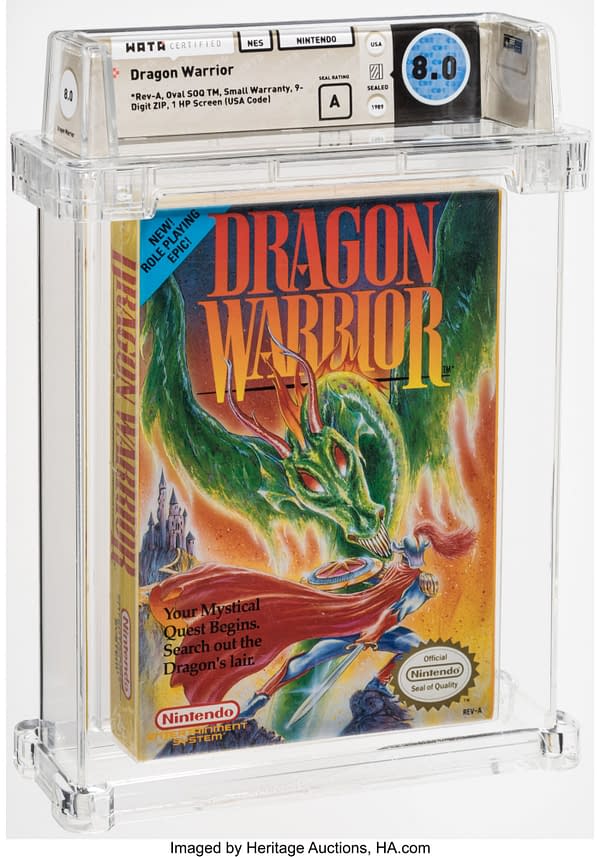 The front of the sealed box for Dragon Warrior, a game for the Nintendo Entertainment System. Currently available at auction on Heritage Auctions' website.