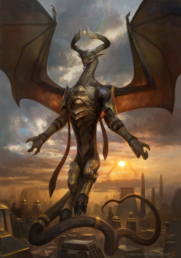 The full art for Behold My Grandeur, a scheme card for Archenemy: Nicol Bolas, a supplemental release for Magic: The Gathering. Illustrated by Zack Stella.