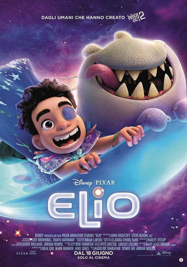 A colorful animated poster for the Pixar film "Elio," featuring a young boy with a patch on his eye and a whimsical creature. The background shows a starry space scene, highlighting the adventurous theme of the movie.
