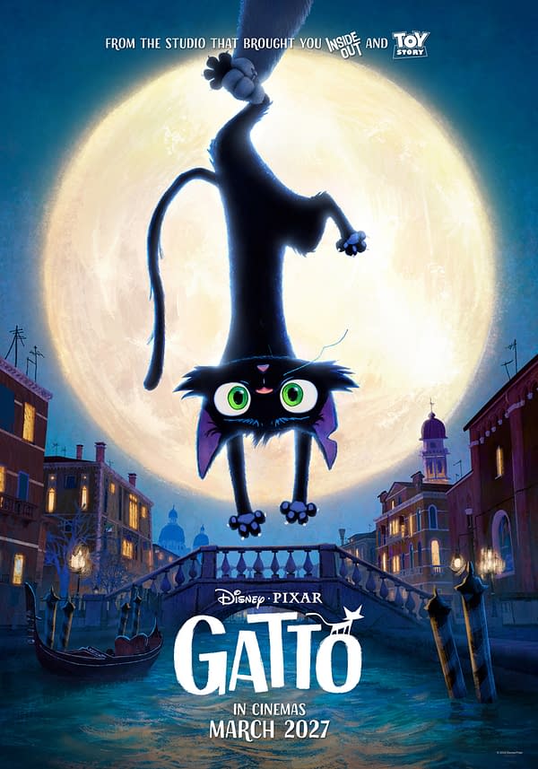 Teaser poster for Disney-Pixar's Gatto, showing a black cat hanging upside down in front of a glowing full moon over a Venice canal, with the release date March 2027.