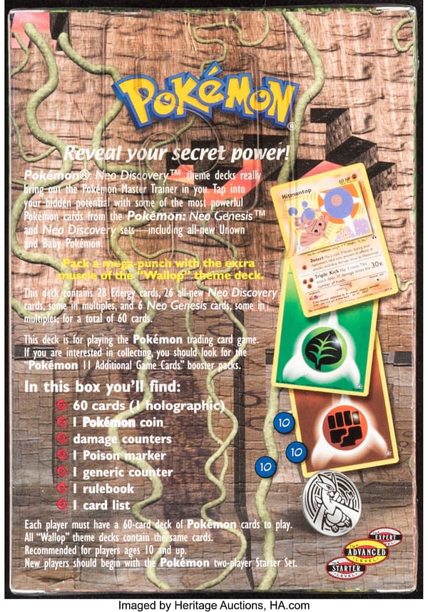 The back face of the sealed box for the Wallop theme deck, from the Pokémon TCG's Neo Discovery expansion set. Currently available at auction on Heritage Auctions' website.