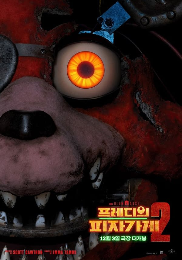 A close-up illustration of a sinister animatronic character from 'Five Nights at Freddy's 2,' featuring a glowing orange eye and an exposed, deteriorated face with sharp teeth. The text at the bottom includes information about the movie's release date.