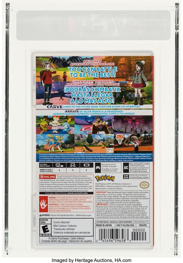 The back cover of the case of Pokémon Sword Version, a game for the Nintendo Switch console. Currently available at auction on Heritage Auctions' website.