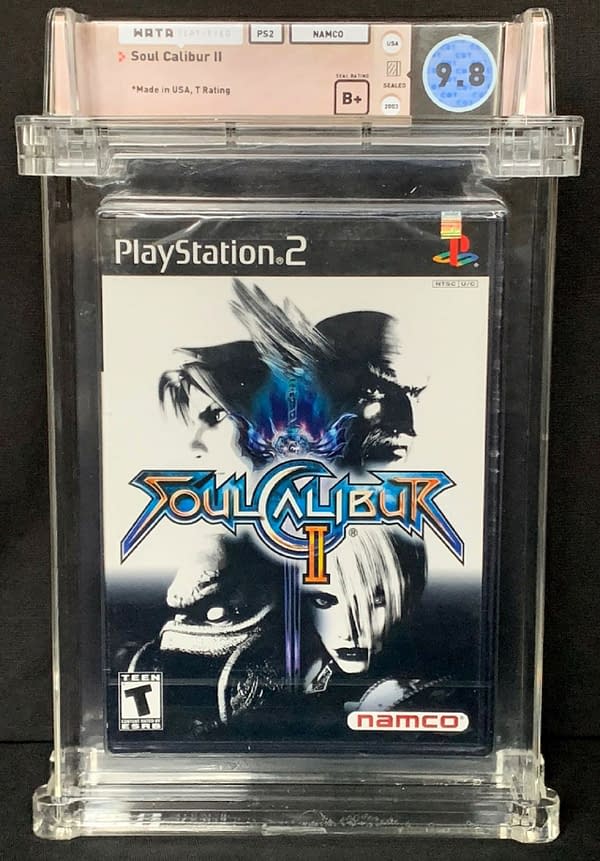 The front of the box for the sealed, graded copy of Soul Calibur II for the PS2 console system. Currently available on auction at ComicConnect's website.