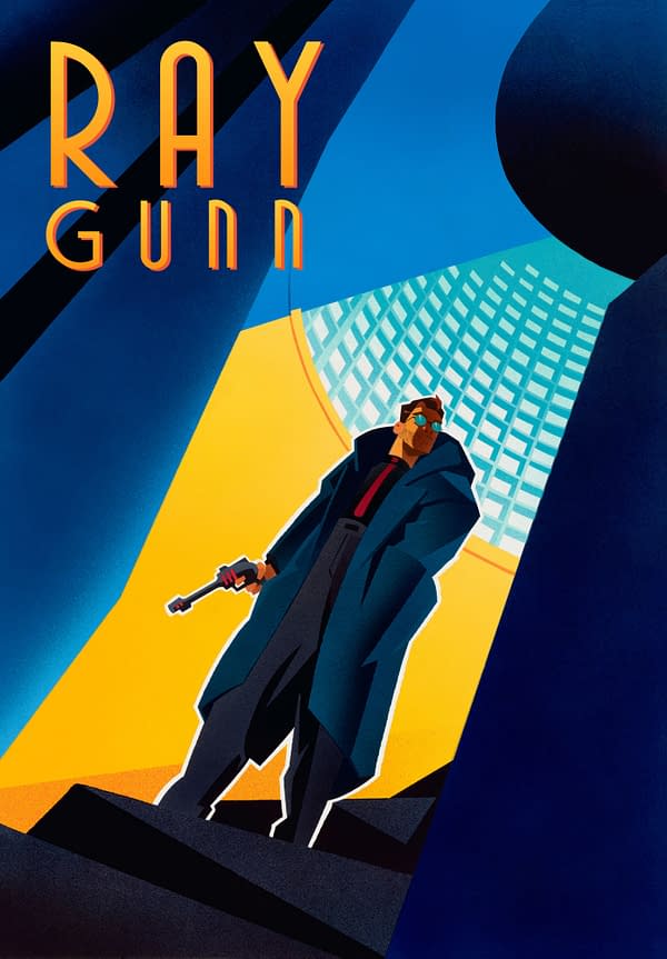 Concept art for Ray Gunn showing a stylized man in a coat holding a ray gun beneath bold orange title text and geometric blue-and-yellow shapes.