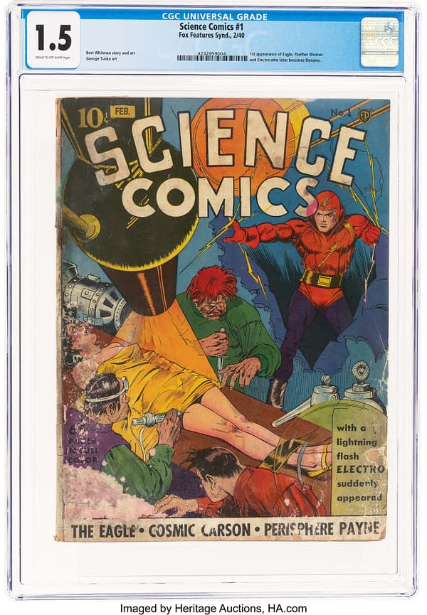 A colorful comic book cover from Science Comics #1, featuring a dramatic scene with characters including a red-suited hero and a woman in a yellow dress, captured in a moment of action. The comic displays the title prominently at the top, with elements of science fiction and adventure.