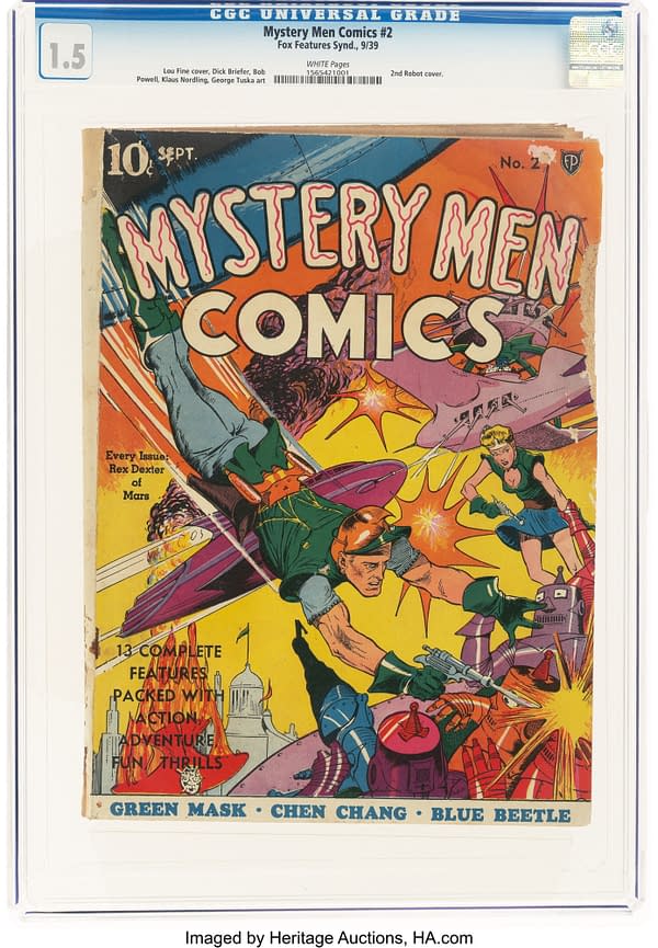 Mystery Men Comics #2 (Fox, 1939). A comic book cover titled 'Mystery Men Comics #2' features vibrant artwork with characters engaged in action, including a hero in green and an explosion in the background. The cover highlights a spaceship and various robots, showcasing a colorful sci-fi theme.