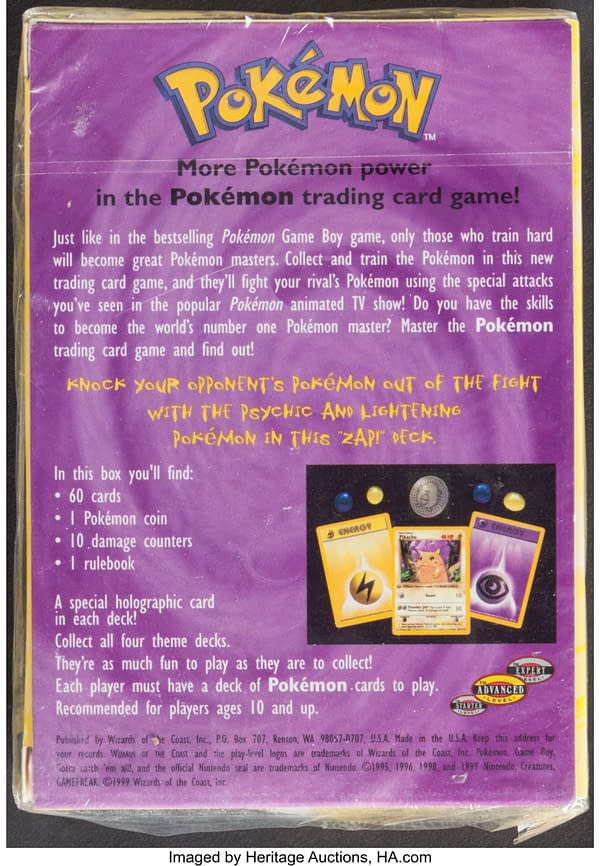 The front face of the sealed Zap! theme deck from the Pokémon TCG. Currently available at auction on Heritage Auctions' website.