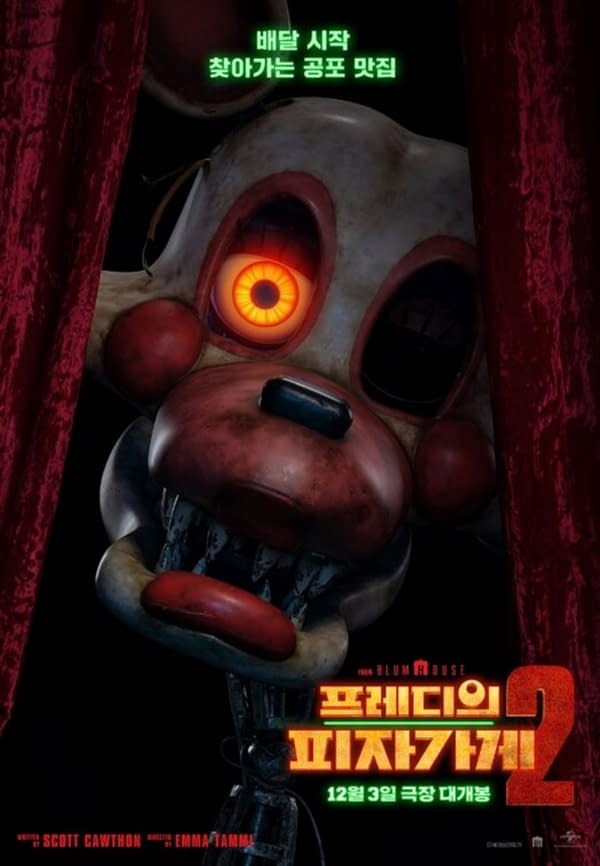 A promotional illustration for 'Five Nights at Freddy's 2,' featuring a menacing animatronic bear with glowing eyes, peering from behind red curtains. The design conveys a creepy atmosphere, fitting the horror theme of the franchise.