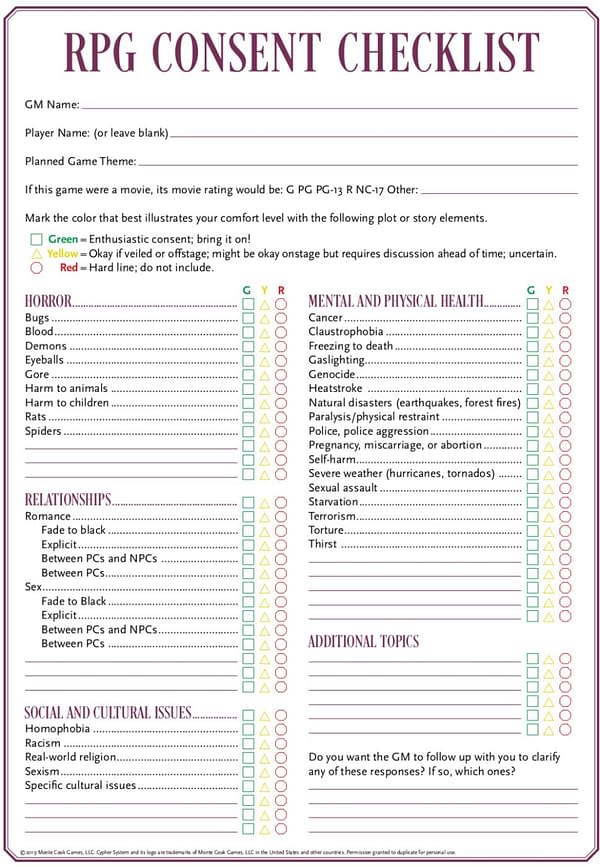 The consent form from Monte Cook Games' book, Consent In Gaming.