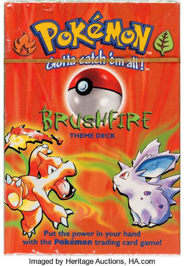 The front face of the box for the "Brushfire" preconstructed deck from the Pokémon TCG's Base Set, up for auction at Heritage Auctions right now!