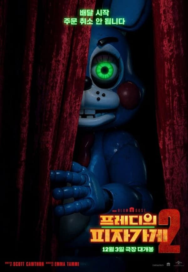 A cartoon-style image featuring a blue animatronic character with large green eyes partially hidden behind red curtains, promoting 'Five Nights at Freddy's 2.' Korean text stating 'Delivery starts, orders cannot be canceled' appears above the character.